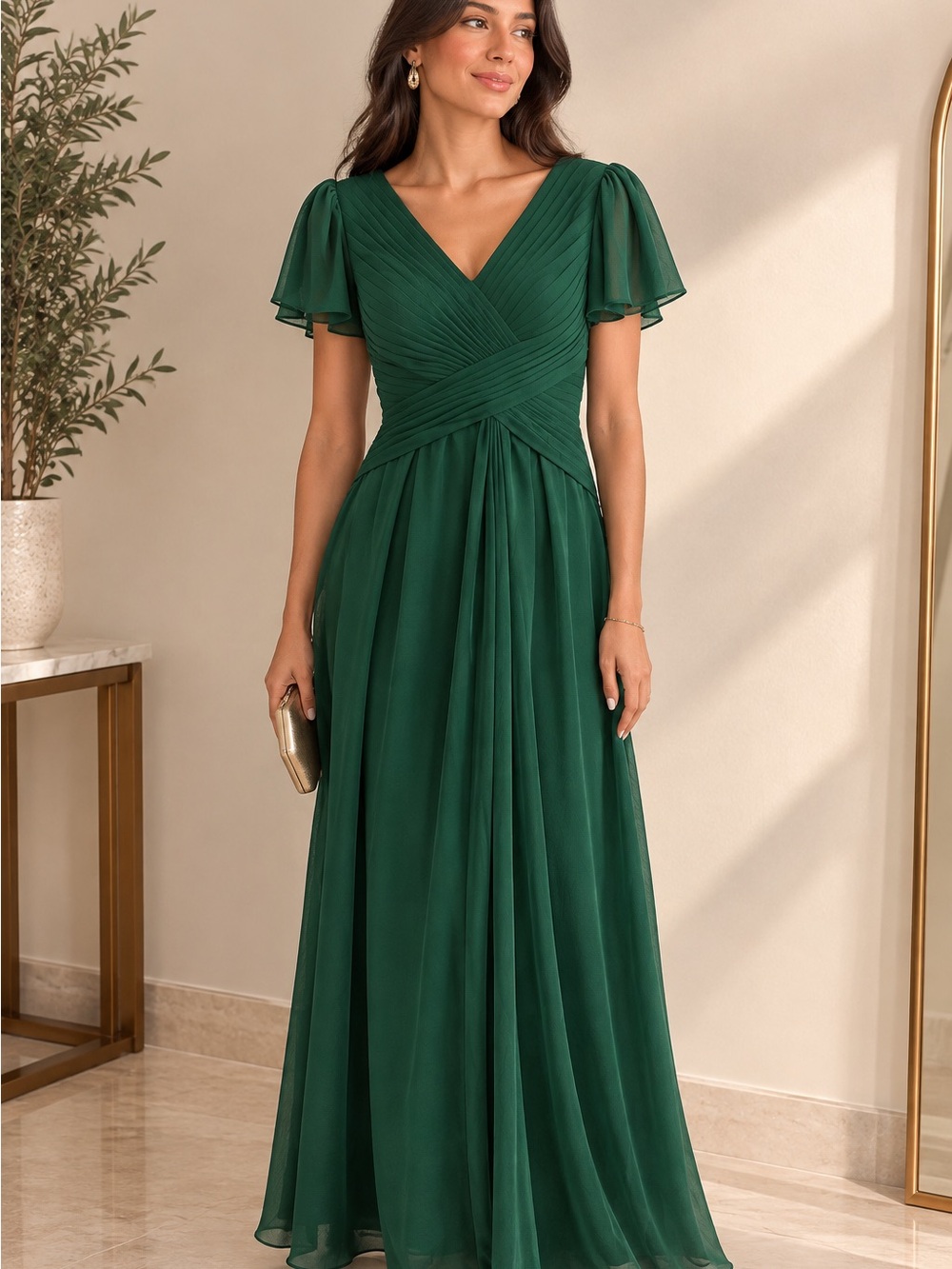 Elegant Green V-Neck Chiffon Maxi Dress